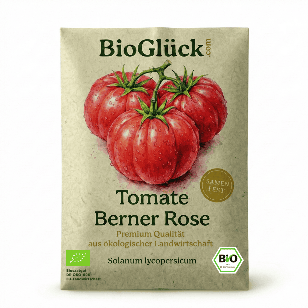 BioGlück Samentüte Bio-Tomate Berner Rose aus nachhaltigem Graspapier.