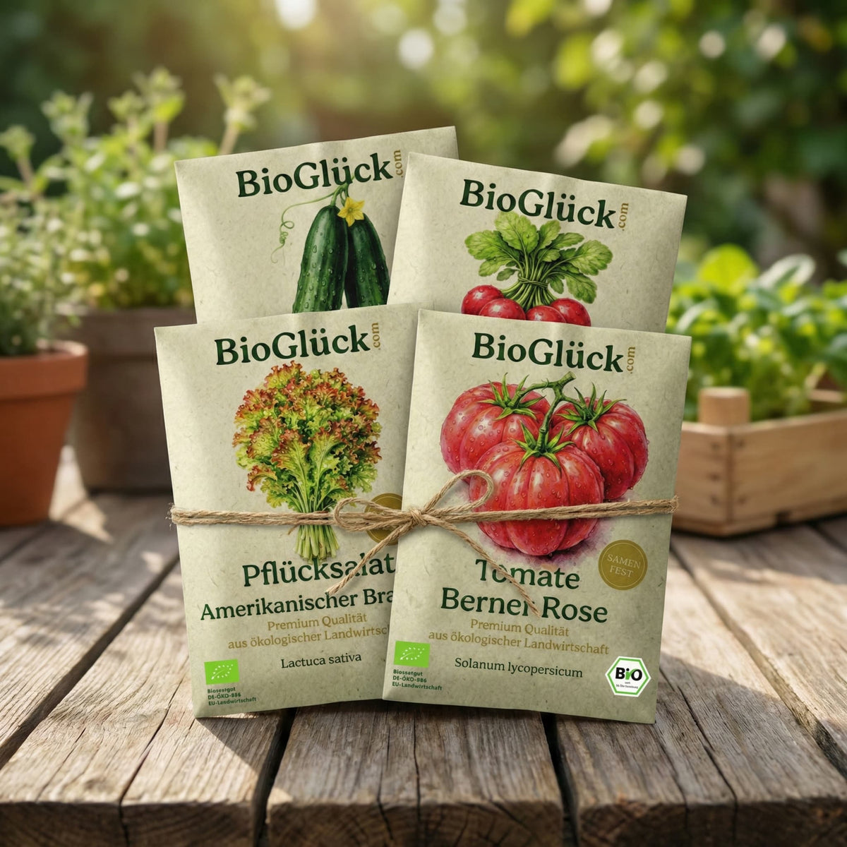 Bio-Saatgut Salatgarten – 4er Set für frischen Salat von BioGlück, plastikfrei in Graspapier verpackt