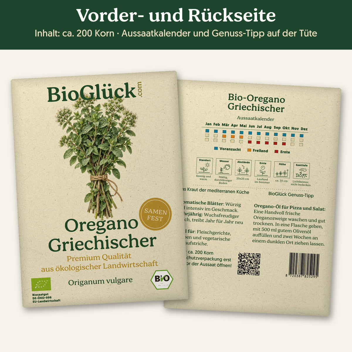 Vorder- und Rückseite der Samentüte Bio-Oregano 'Griechischer', ca. 200 Korn