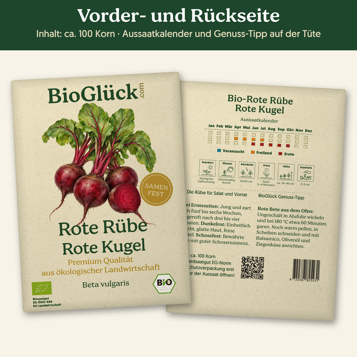 Vorder- und Rückseite der Samentüte Bio-Rote Rübe 'Rote Kugel', ca. 100 Korn
