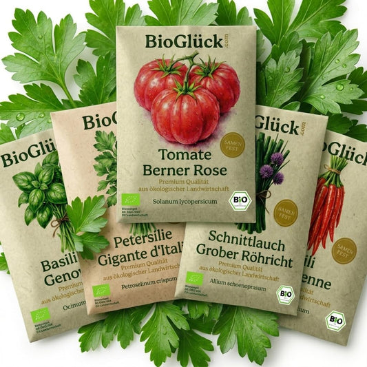 Fünf Samentüten aus dem BioGlück Balkon- und Fensterbank-Set: Tomate, Basilikum, Petersilie, Schnittlauch und Chili