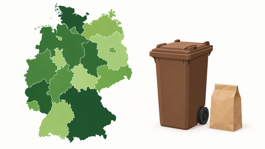 Stilisierte Deutschlandkarte mit den Bundesländern in abgestuften Grüntönen, daneben eine braune Biotonne und eine Papiertüte aus Kraftpapier