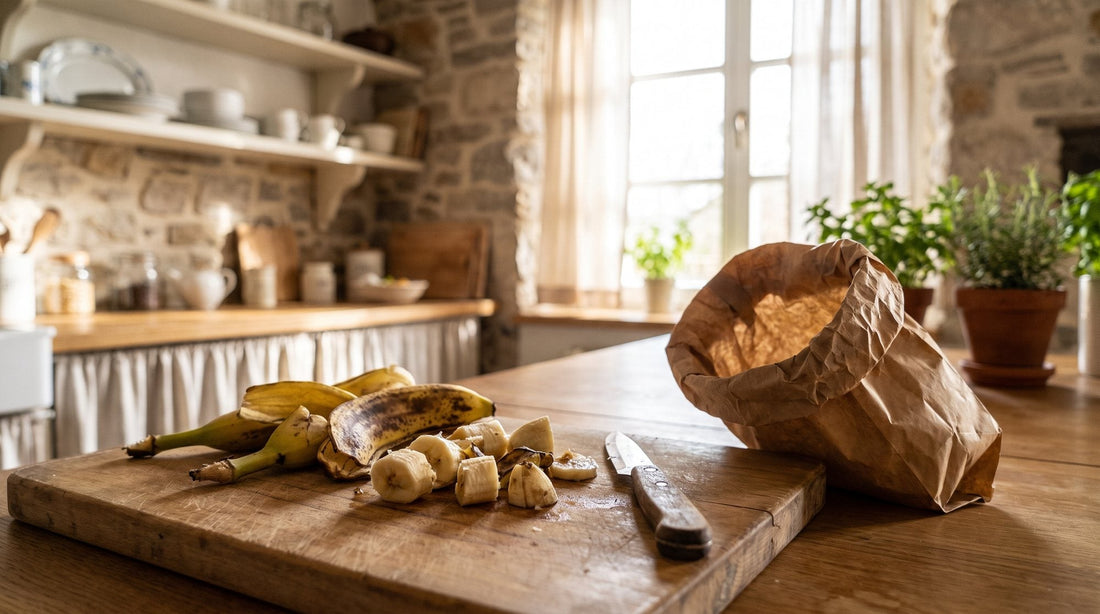 Bananenschalen, teils in kleine Stücke geschnitten, auf einem Holzbrett in der Küche neben einer offenen braunen Papiertüte für Bioabfall