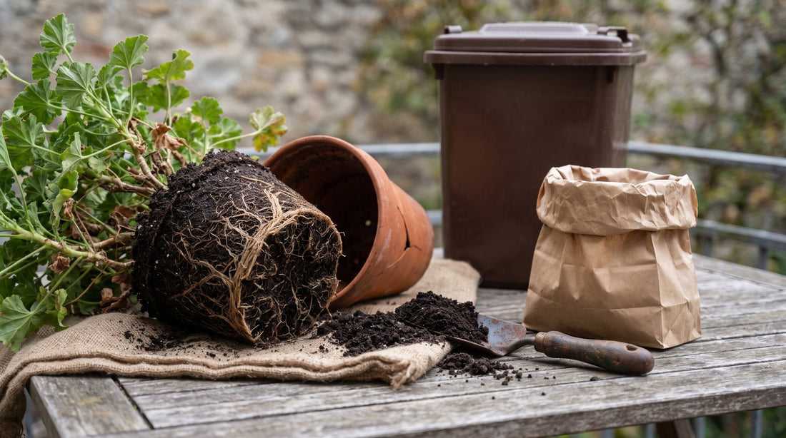 Ausgetopfte Geranie mit Wurzelballen und Blumenerde neben einem Terrakottatopf, einer Pflanzschaufel und einer braunen Papiertüte, dahinter eine braune Biotonne