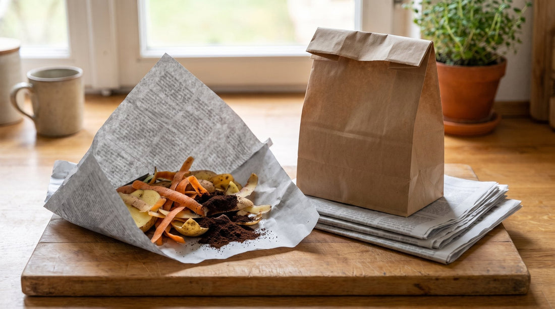 Gemüseschalen und Kaffeesatz auf einem Bogen Zeitungspapier zum Einwickeln, daneben eine braune Papiertüte für Bioabfall und gefaltete Zeitungen auf einem Holzbrett