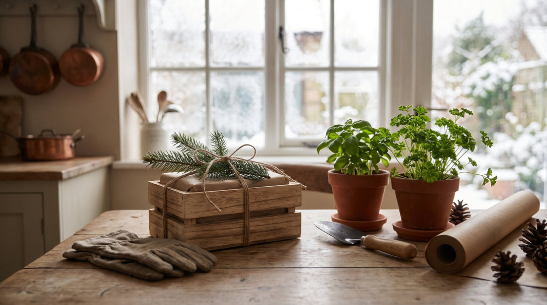 Mit Schnur und Tannenzweig verpackte Holzkiste, Gartenhandschuhe, Pflanzkelle sowie Basilikum und Petersilie im Topf auf einem Küchentisch im Winterlicht