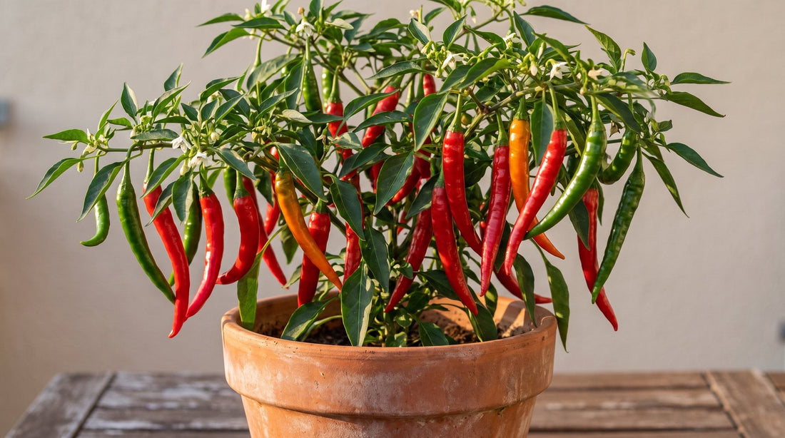 Chilipflanze 'De Cayenne' im Tontopf mit vielen langen, schlanken Schoten in Grün, Orange und Rot