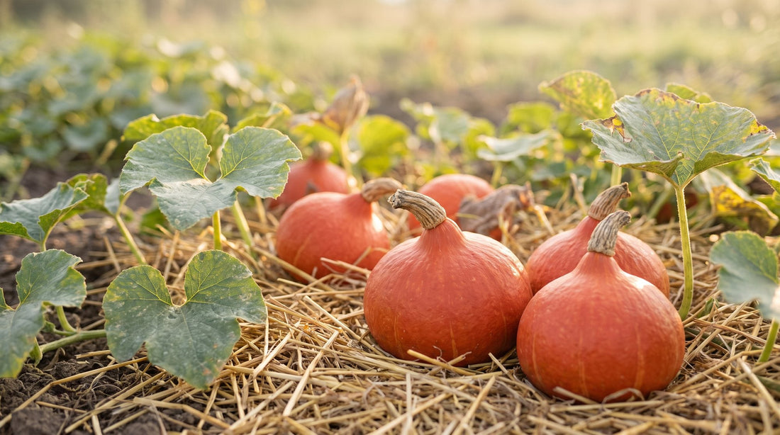 Reife orangerote Hokkaido-Kürbisse 'Uchiki Kuri' auf Stroh im herbstlichen Gemüsebeet