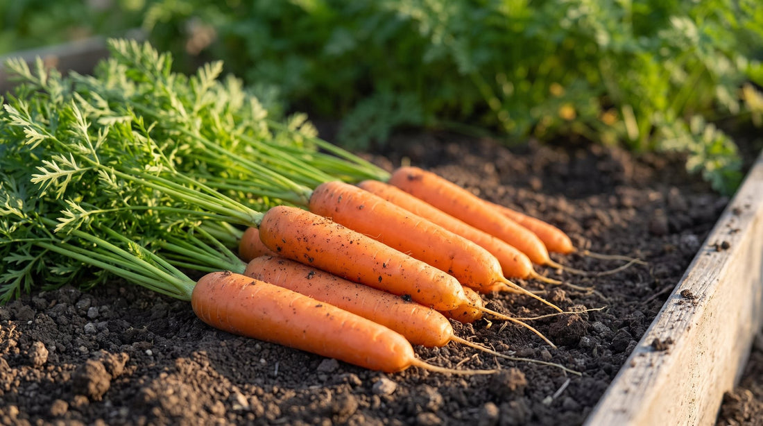 Frisch gezogene, walzenförmige Möhren mit stumpfem Ende und Laub auf dunkler Gartenerde