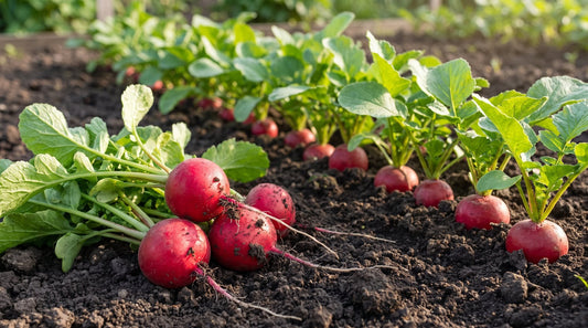Frisch gezogene große rote Radieschen mit Laub auf dem Gartenbeet neben der Reihe