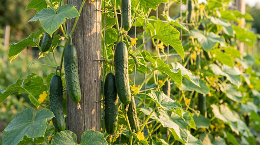 Gurkenpflanzen an einem Rankgitter mit langen dunkelgrünen Salatgurken und gelben Blüten