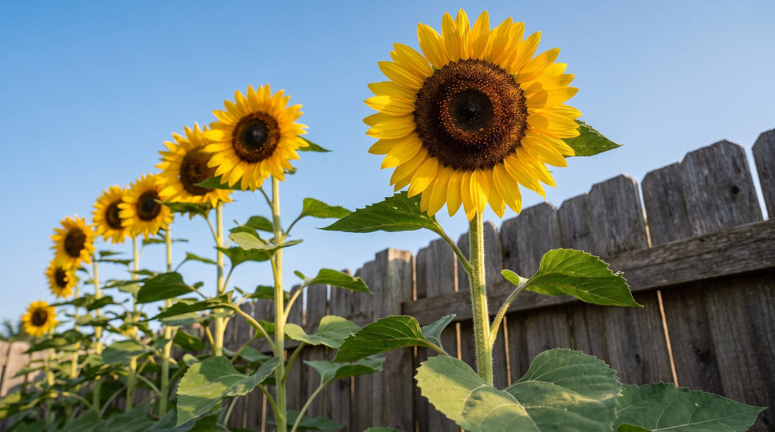 Hohe Sonnenblumen mit großen goldgelben Köpfen vor einem Holzzaun und blauem Himmel