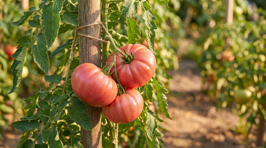 Drei rosarote Fleischtomaten 'Berner Rose' an einer Stabtomate, mit Schnur an einen Holzpfahl gebunden