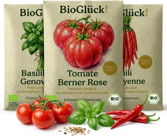 BioGlück Mediterran Saatgut Set – 3 Bio Samen: Tomate Berner Rose, Basilikum Genoveser & Chili De Cayenne