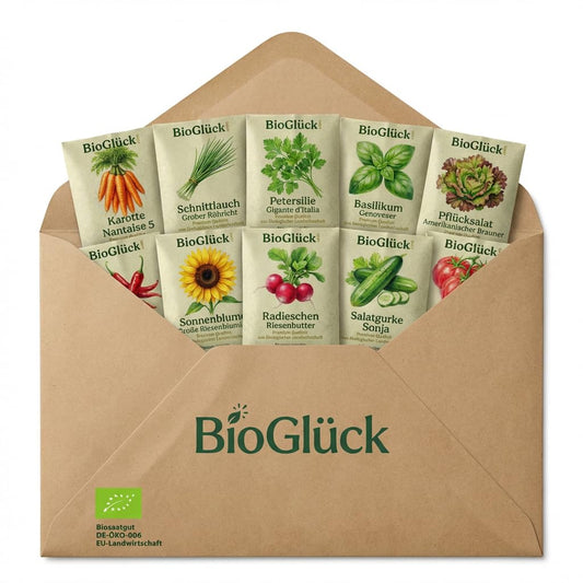 BioGlück Saatgut-Set Unsere Besten: 10 Bio-Samentüten in einem Kraftpapier-Umschlag