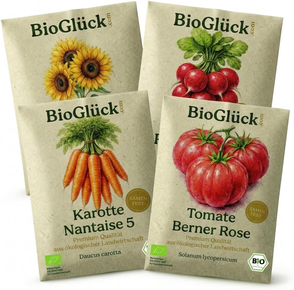 BioGlück Naschgarten Saatgut Set – 4 Bio Samen zum Mitgärtnern: Sonnenblume Riesenblumig, Radieschen Riesenbutter, Karotte Nantaise 5 & Tomate Berner Rose