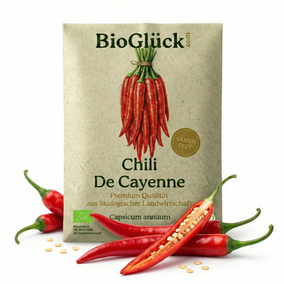 BioGlück Bio-Chili De Cayenne: Samentüte aus Graspapier mit roten Chilischoten