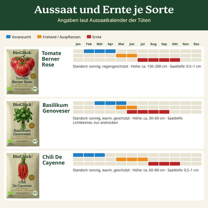 Mediterran Set: Aussaat und Ernte je Sorte laut Aussaatkalender
