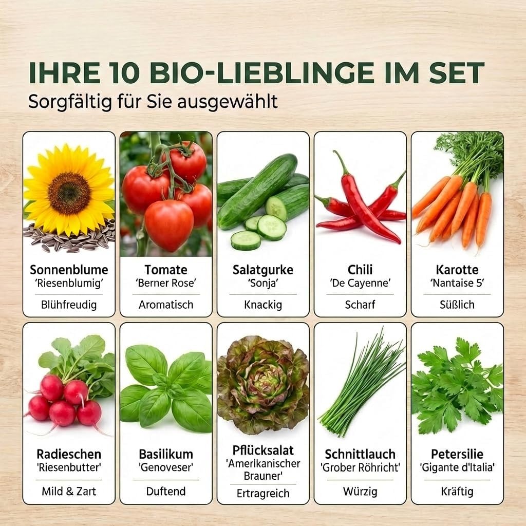 Ihre 10 Bio-Lieblinge im Set: Sonnenblume, Tomate, Gurke, Chili, Karotte, Radieschen, Basilikum, Pflücksalat, Schnittlauch, Petersilie