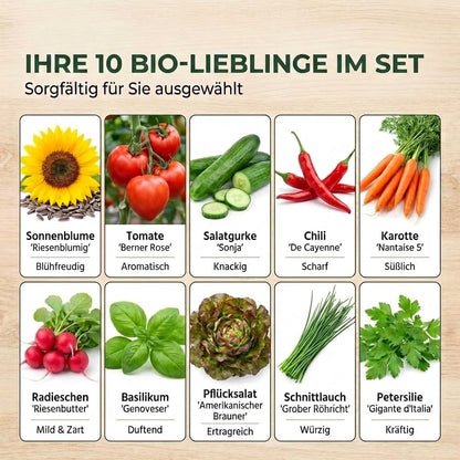 Ihre 10 Bio-Lieblinge im Set: Sonnenblume, Tomate, Gurke, Chili, Karotte, Radieschen, Basilikum, Pflücksalat, Schnittlauch, Petersilie