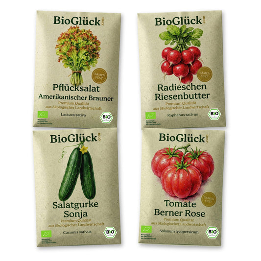 BioGlück Salatgarten Set: Bio-Samentüten des Sets auf Weiß