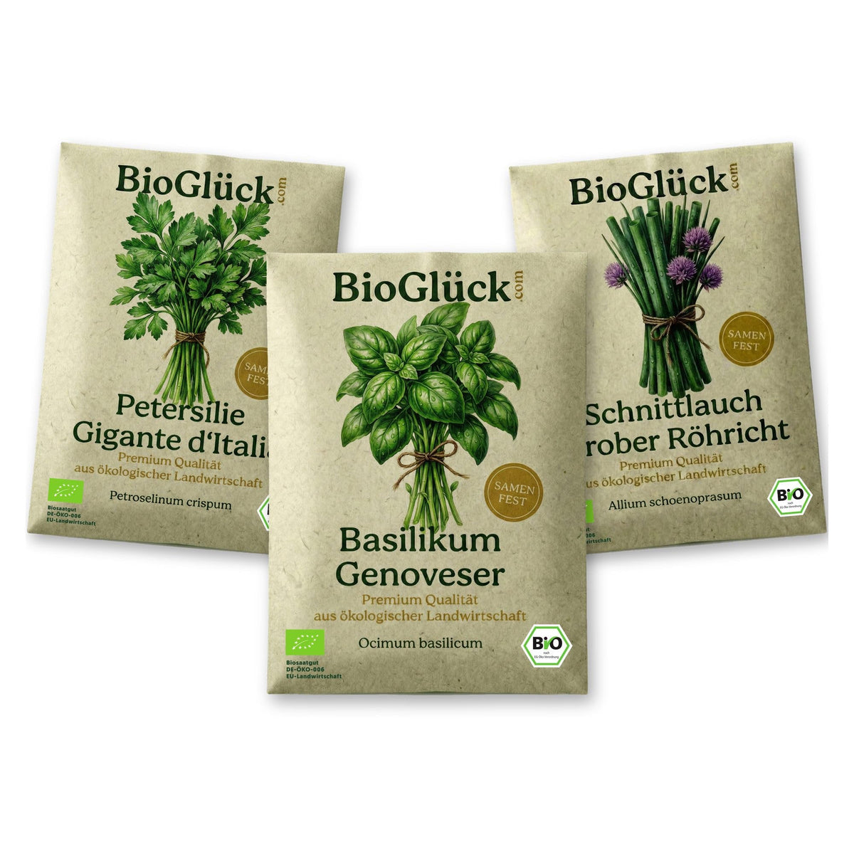 BioGlück Kräutergarten Set: Bio-Samentüten des Sets auf Weiß