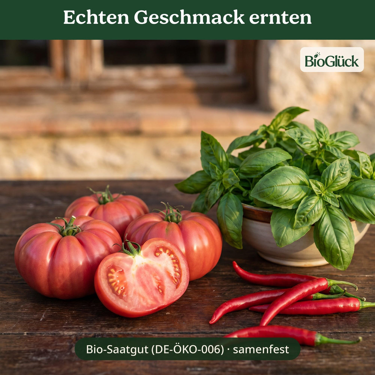 BioGlück Mediterran Set: Tomaten, Basilikum und Chili aus dem eigenen Anbau