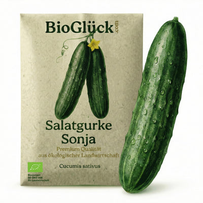 BioGlück Bio-Salatgurke Sonja: Samentüte aus Graspapier mit frischer Gurke