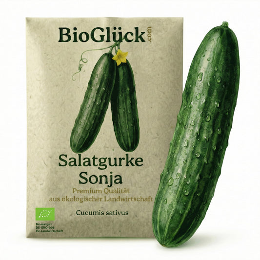 BioGlück Bio-Salatgurke Sonja: Samentüte aus Graspapier mit frischer Gurke