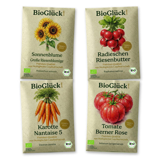 BioGlück Naschgarten Set: Bio-Samentüten des Sets auf Weiß