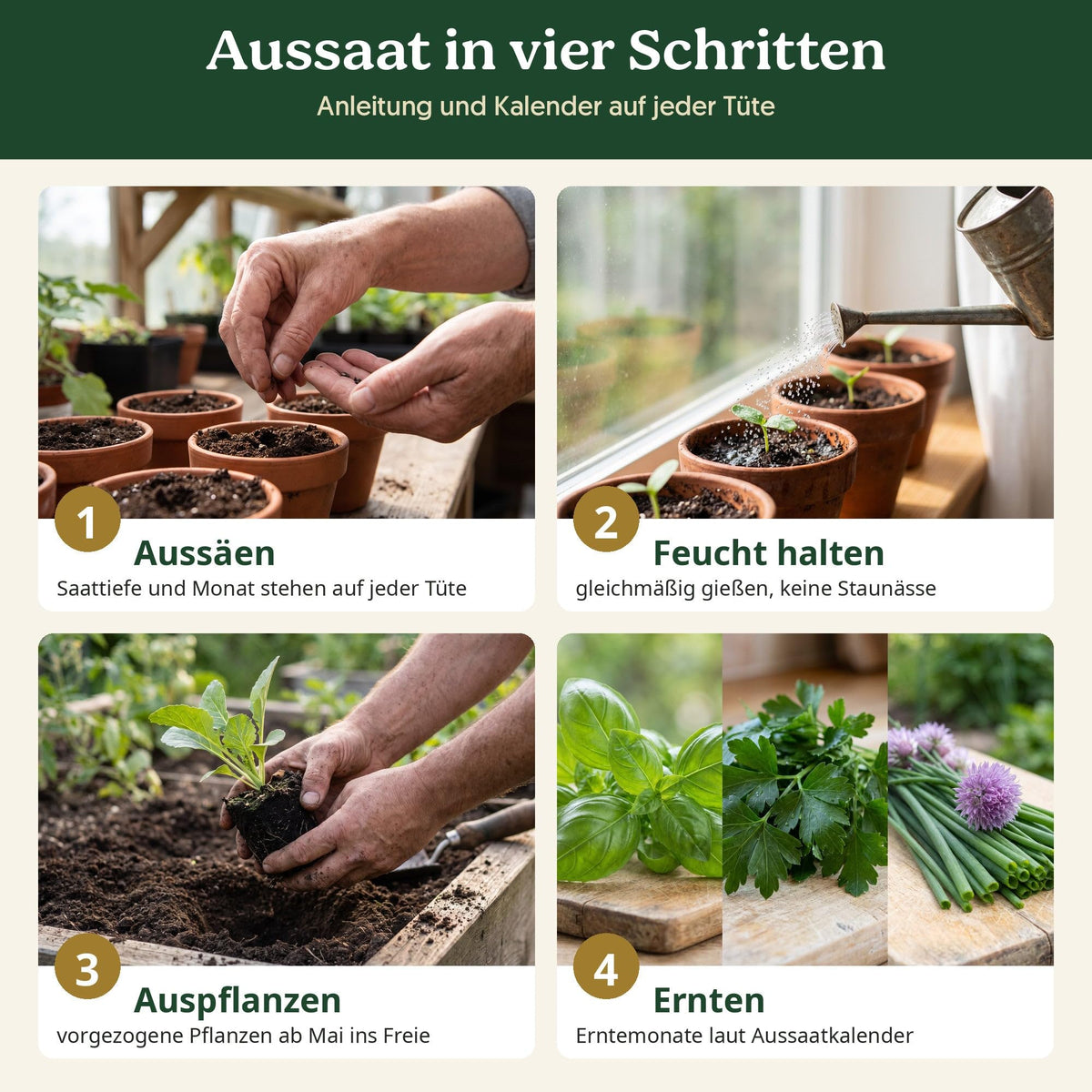 Kräutergarten Set: Aussaat in vier Schritten, Anleitung und Kalender auf der Tüte
