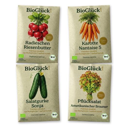 BioGlück Küchengarten Set: Bio-Samentüten des Sets auf Weiß