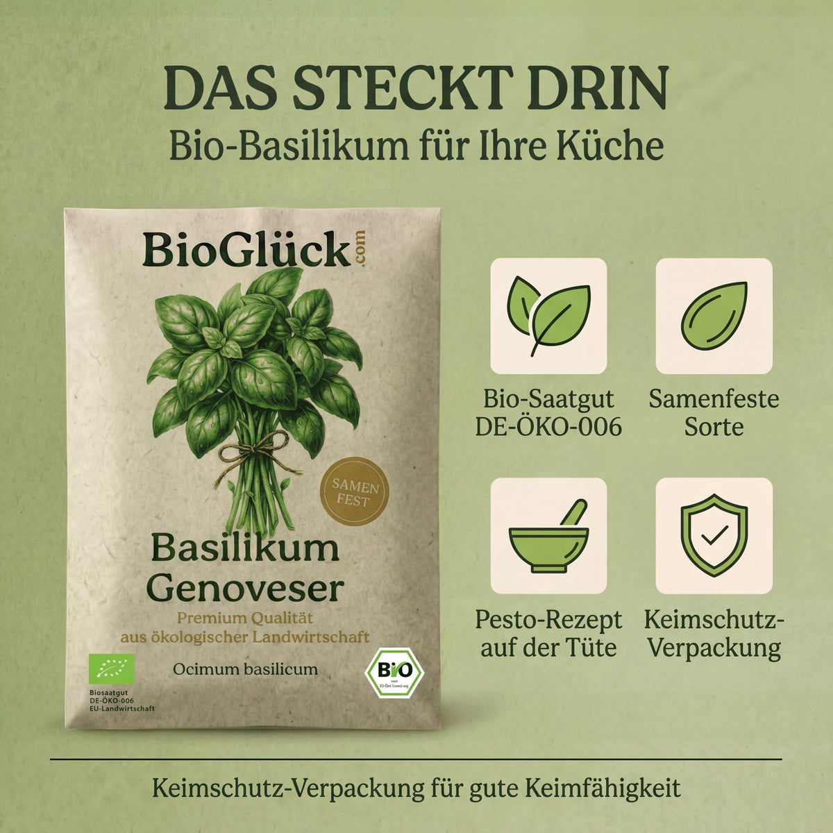 Das steckt drin: Bio-Saatgut DE-ÖKO-006, samenfest, Pesto-Rezept auf der Tüte, Keimschutz-Verpackung