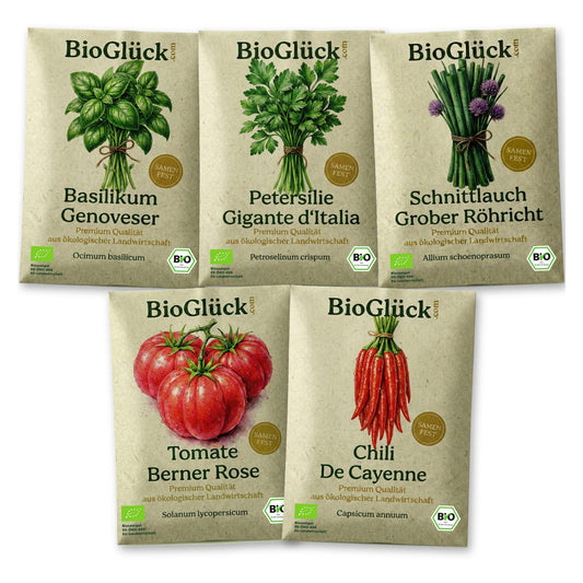 BioGlück Balkon & Fensterbank Set: Bio-Samentüten des Sets auf Weiß