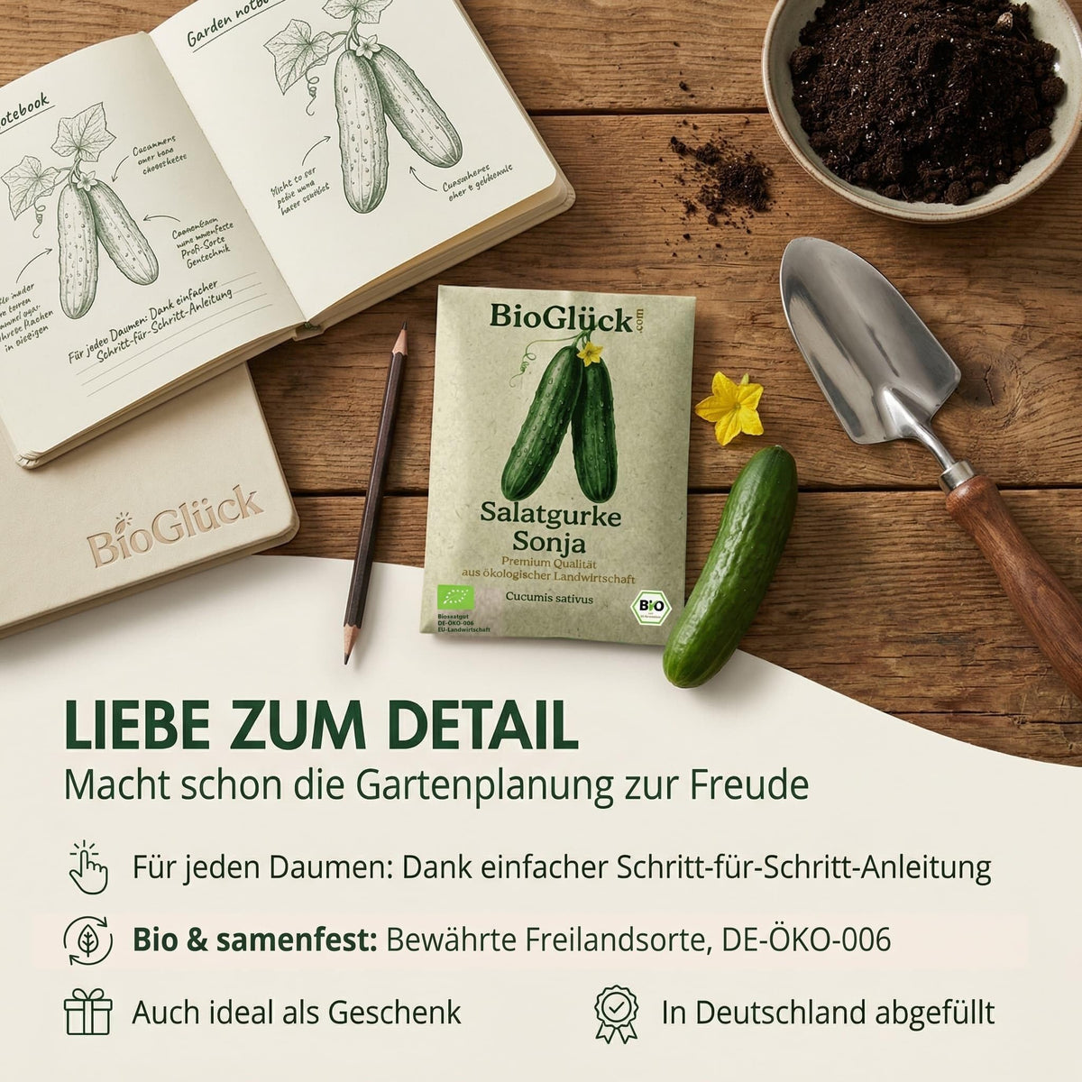 Liebe zum Detail: Samentüte mit Anleitung und Gartenwerkzeug