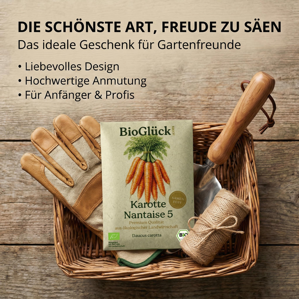 Samentüte im Geschenkkorb mit Gartenhandschuhen