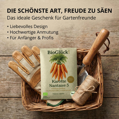 Samentüte im Geschenkkorb mit Gartenhandschuhen