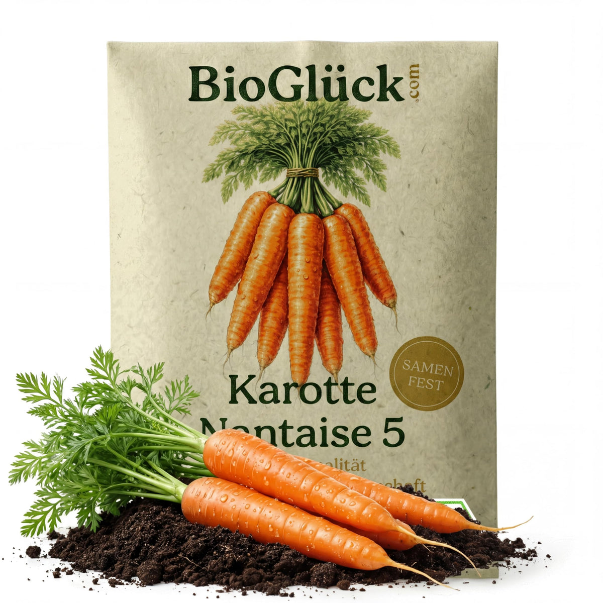 BioGlück Bio-Karotte Nantaise 5: Samentüte aus Graspapier mit frischen Karotten
