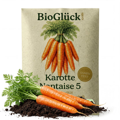 BioGlück Bio-Karotte Nantaise 5: Samentüte aus Graspapier mit frischen Karotten