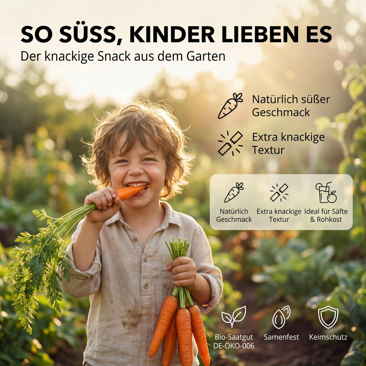 Kind mit frisch geernteten Karotten: süßer, knackiger Snack aus dem Garten