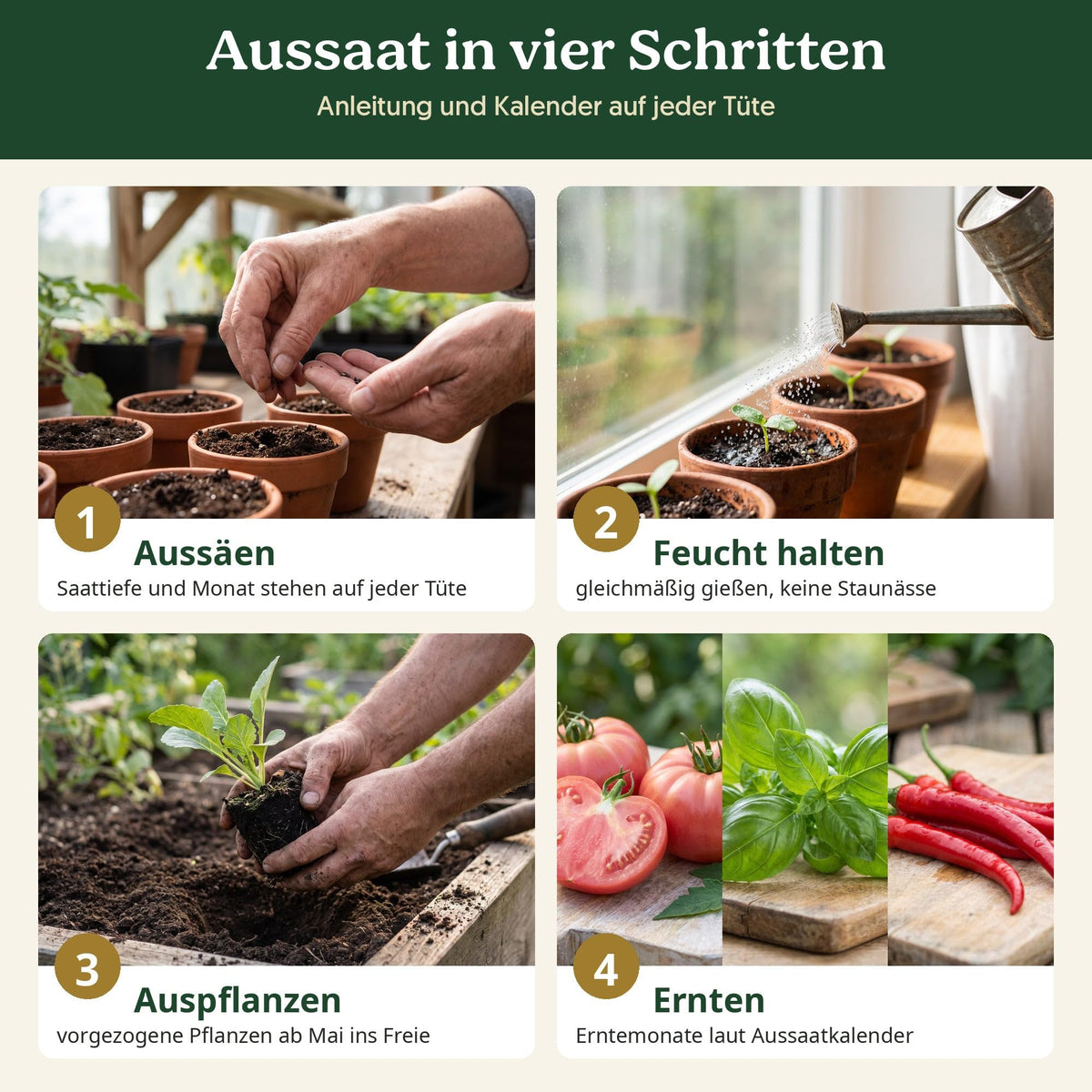 Mediterran Set: Aussaat in vier Schritten, Anleitung und Kalender auf der Tüte