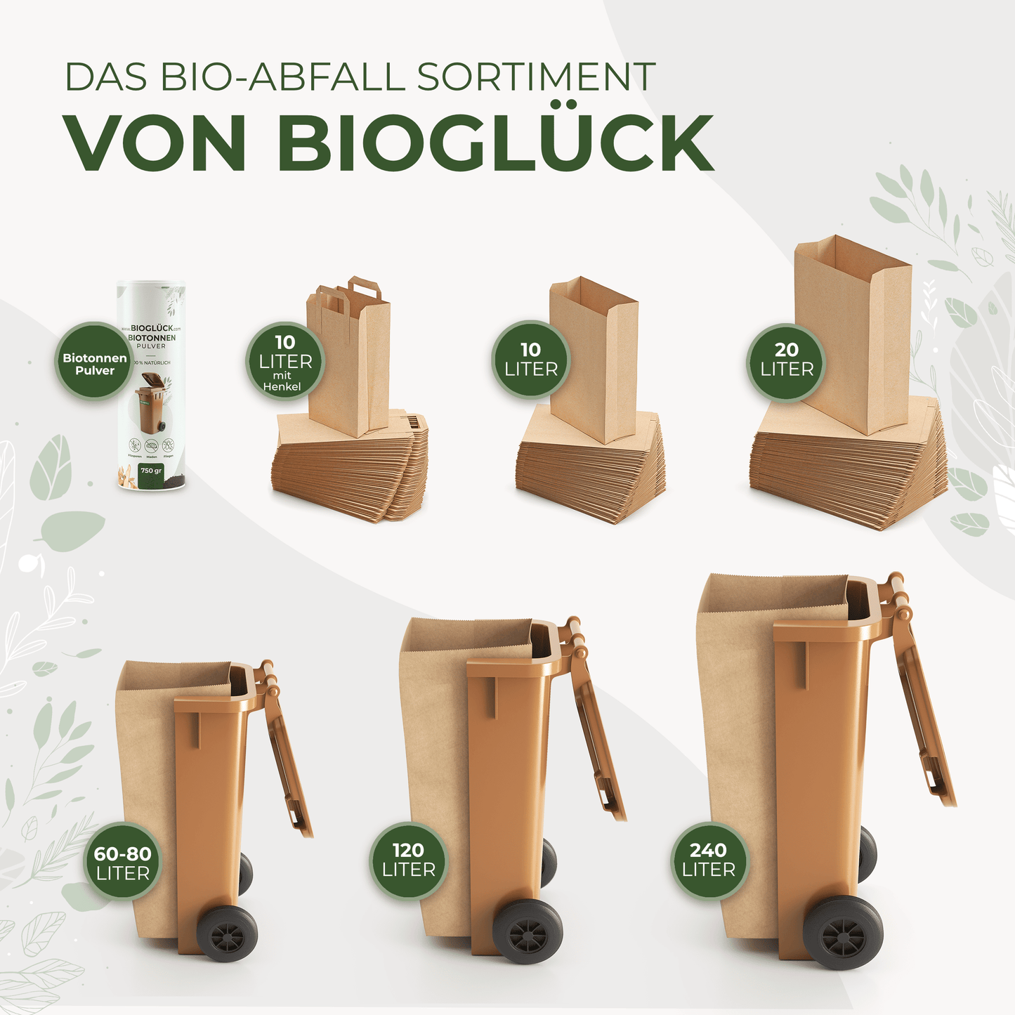 Bolsas para residuos biológicos BIOGLÜCK® de 10 l con asa y cierre enrollable: papel kraft resistente al desgarro para residuos de cocina.