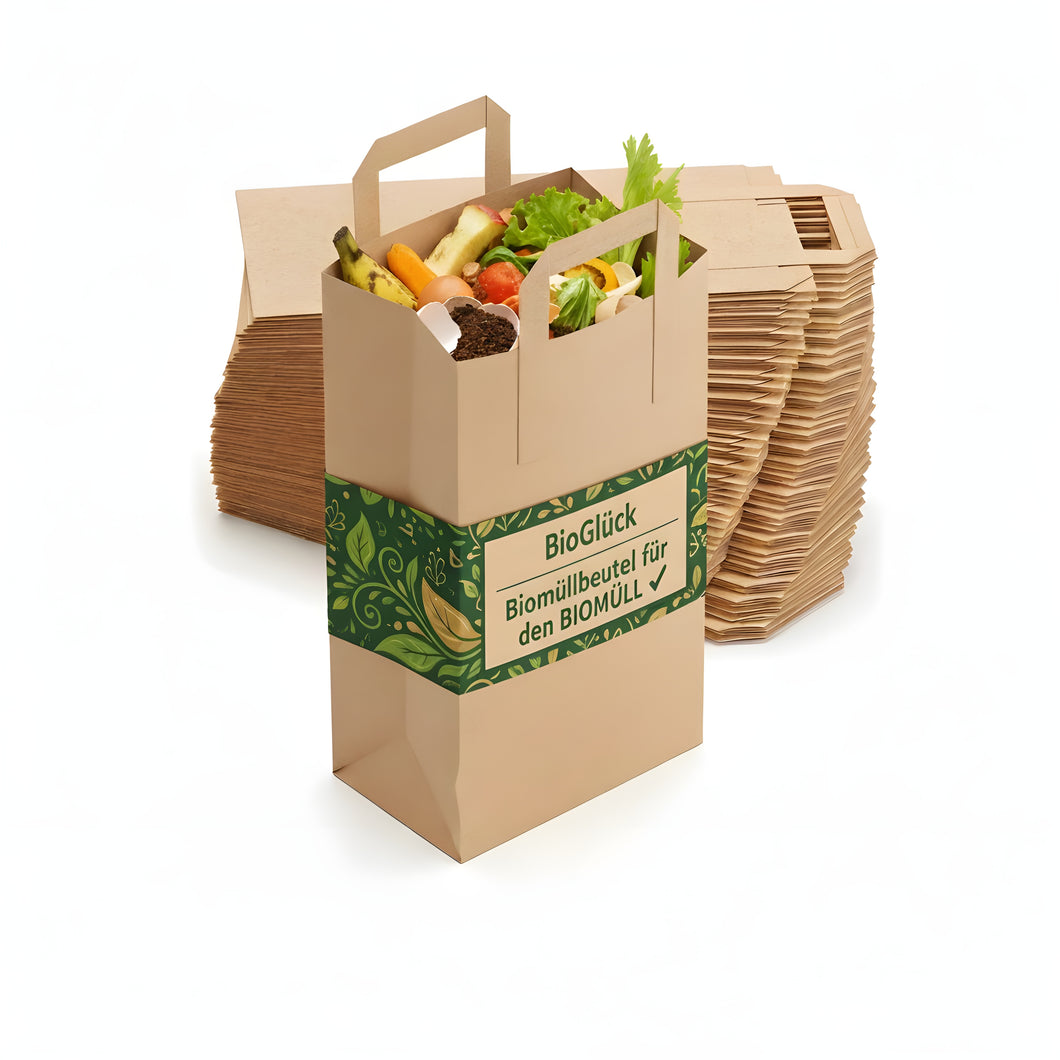 BIOGLÜCK® Biomüllbeutel 10 l mit Henkel & Rollboden – reißfestes Kraftpapier für Küchenabfälle