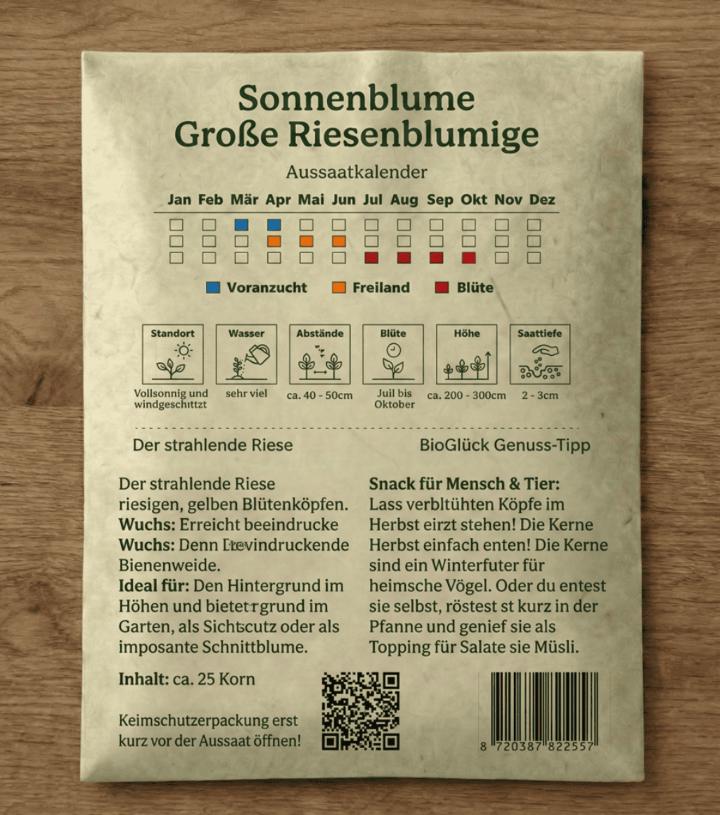 Rückseite der Bio Basilikum Samen Genoveser Verpackung aus Graspapier mit detaillierten Aussaat-Tipps, Pflegeanleitung und Bio-Zertifizierungen von BioGlück.