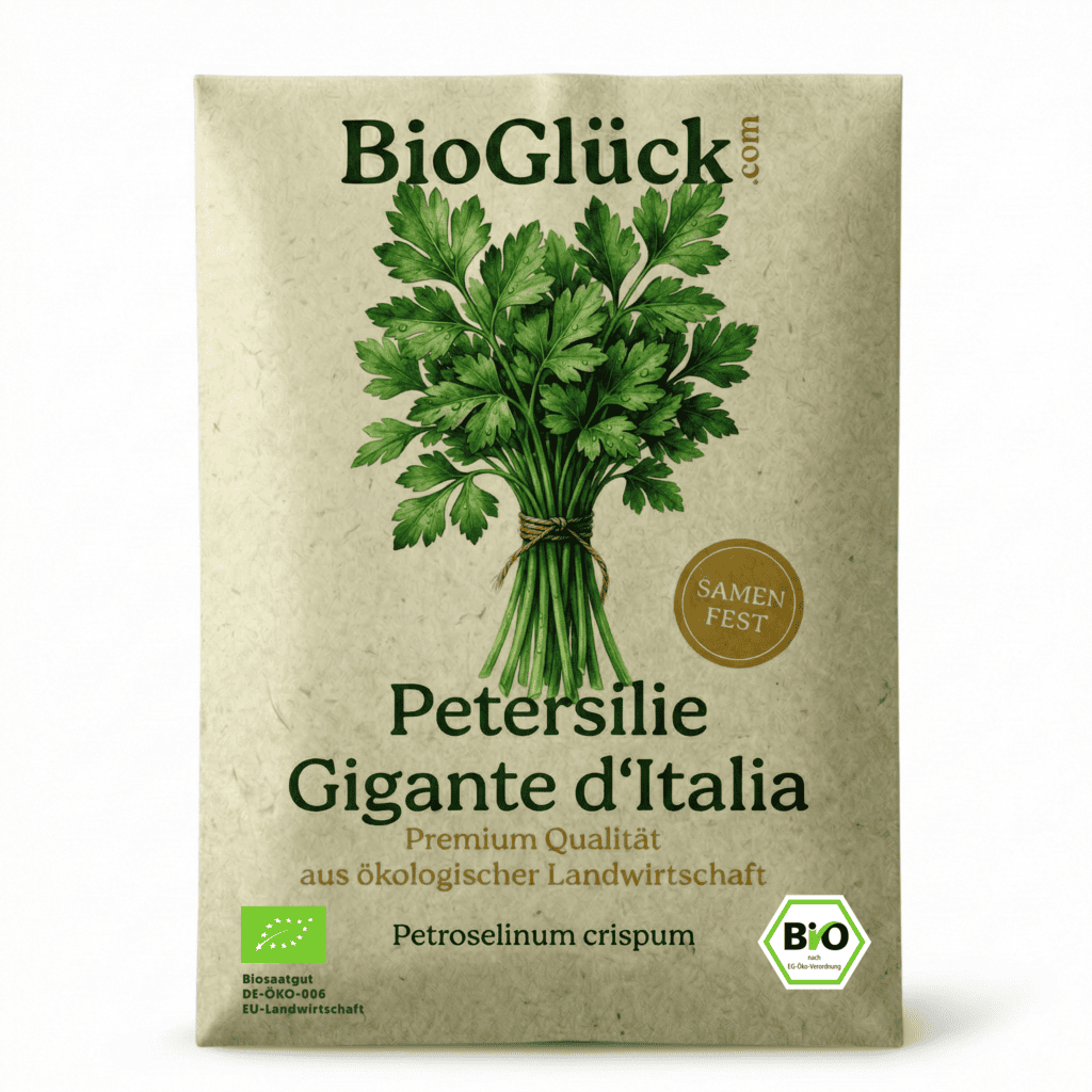 Bio Petersilie Samen Gigante d’Italia zusammen mit glatter Petersilie im Garten
