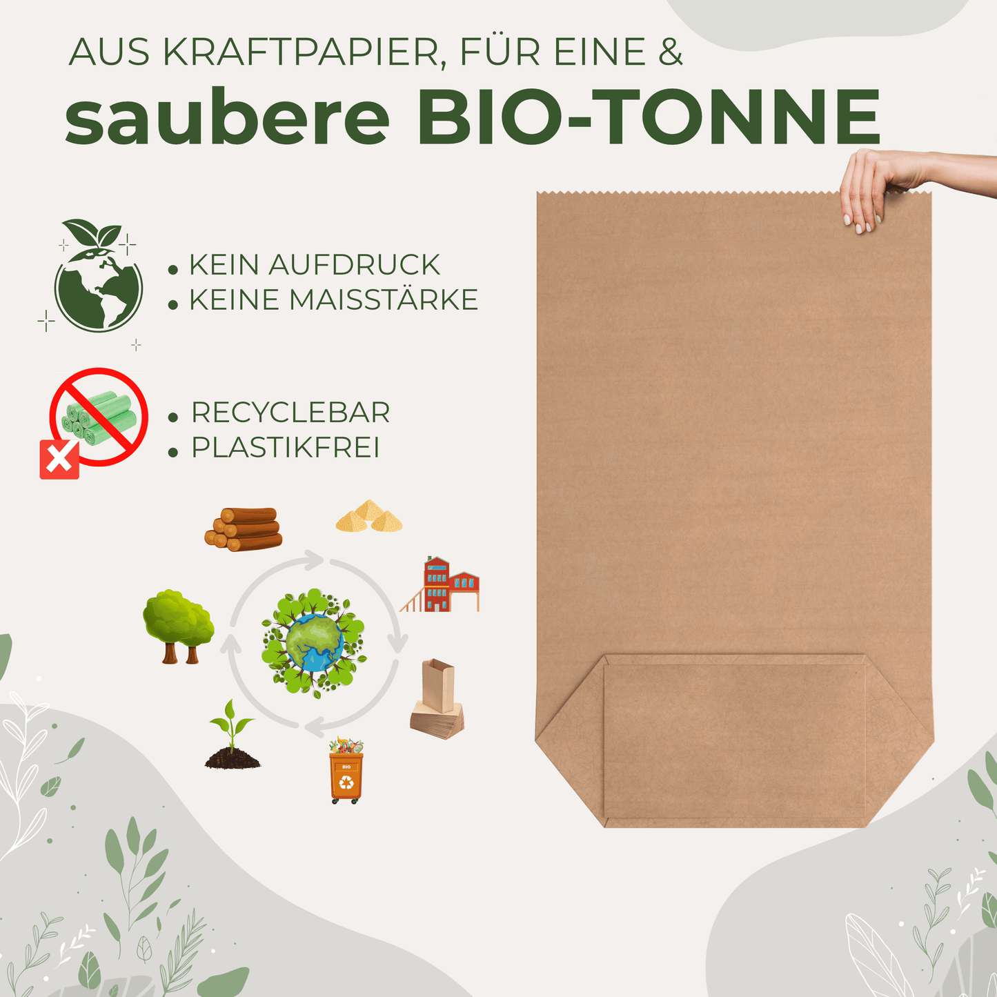 Bolsas para residuos orgánicos BIOGLÜCK® de 50 a 80 l de papel kraft: resistentes al desgarro y a la humedad, aptas para contenedores de residuos orgánicos.