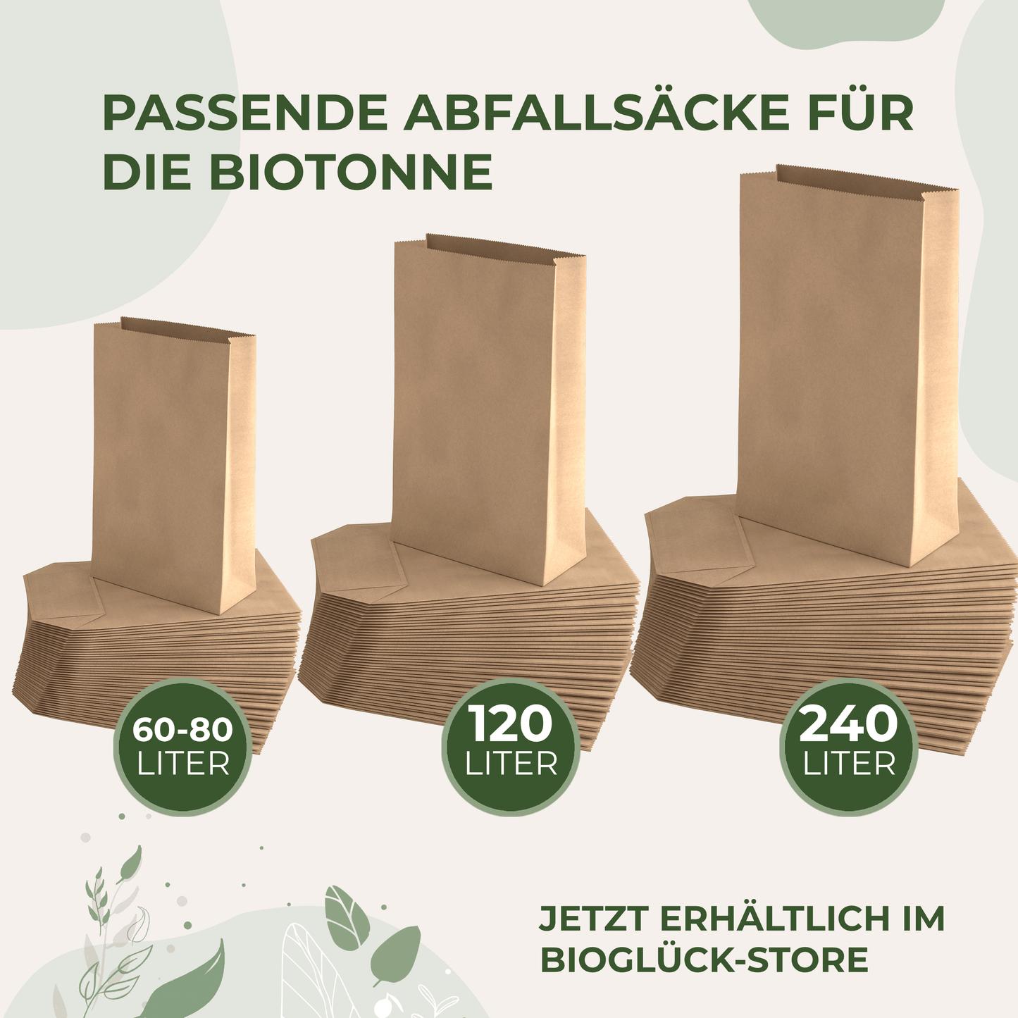 Bolsas para residuos orgánicos BIOGLÜCK® de 50 a 80 l de papel kraft: resistentes al desgarro y a la humedad, aptas para contenedores de residuos orgánicos.
