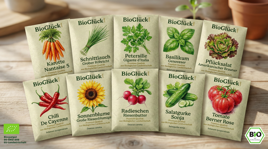 Bio-Saatgut Komplettset Unsere Besten – 10 samenfeste Bio-Sorten in Graspapier-Verpackung von BioGlück