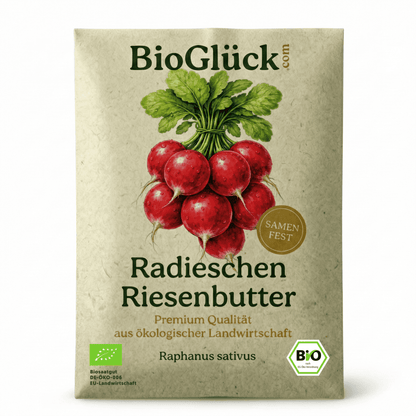 BioGlück Naschgarten Saatgut Set – 4 Bio Samen zum Mitgärtnern: Sonnenblume Riesenblumig, Radieschen Riesenbutter, Karotte Nantaise 5 & Tomate Berner Rose