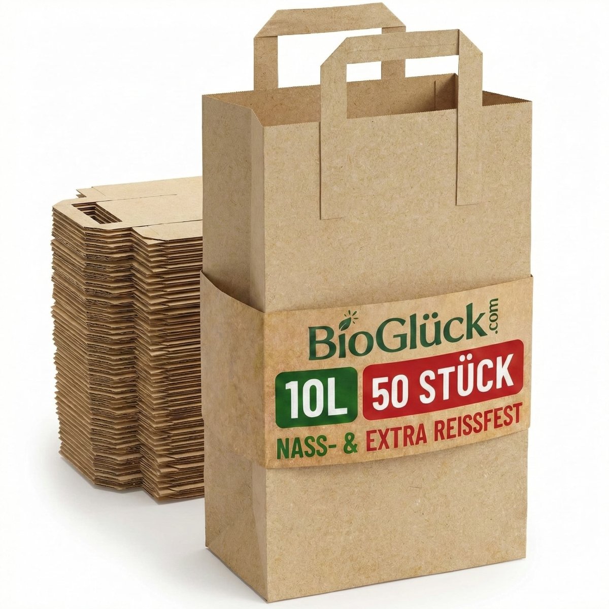BioGlück® Papier - Biomüllbeutel 10l mit Henkel – reißfest & nassfest - BioGlück.com